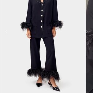 Sleeper Black Feather Trim Wide Leg Pants & Jumpsuit